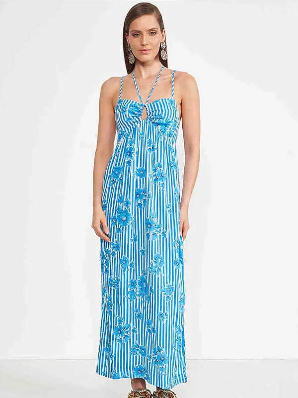 Vestido Colcci Longo Listrado Com Flores- Azul & Branco M - Izibida