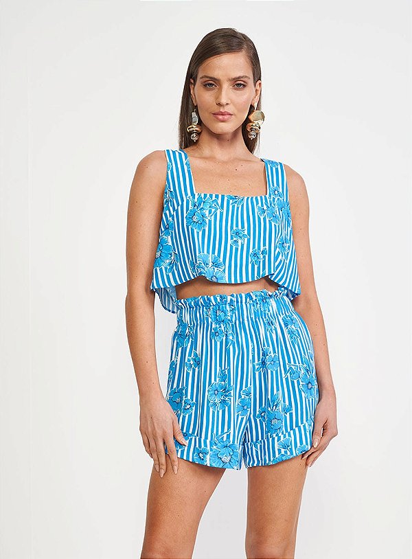 Blusa Colcci CROPPED DECOTE QUADRADO LISTRAS AZUL - Izibida
