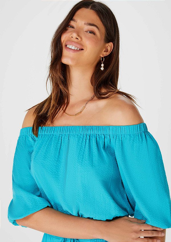 Blusa Cropped Feminina Ombro a Ombro Azul - Hering