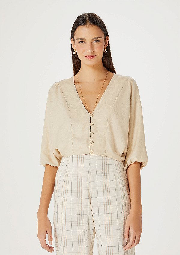 Blusa Feminina Manga Bufante Com Botões Bege - Hering