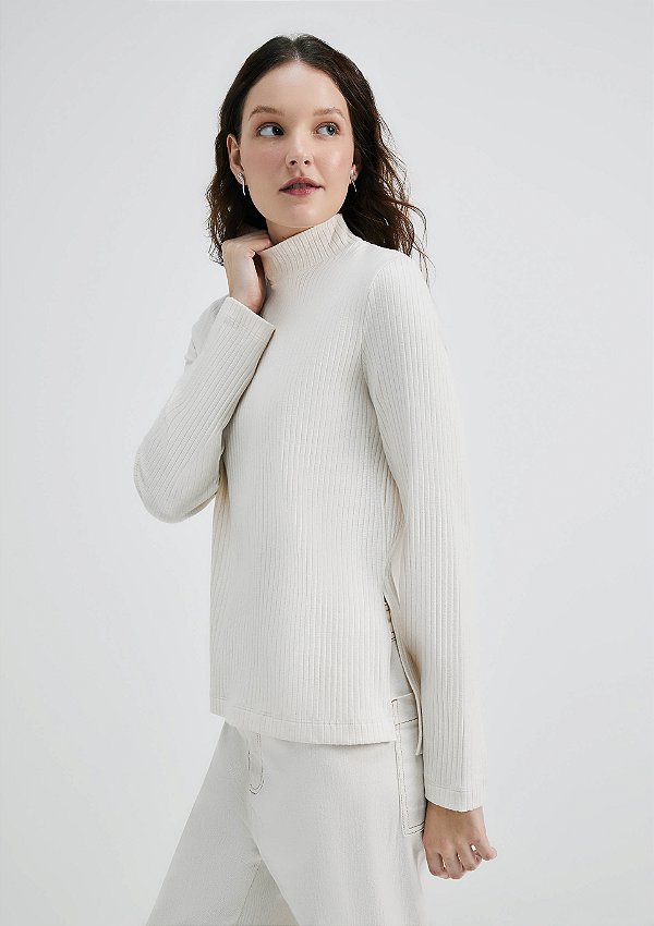 Blusa Feminina Manga Longa Gola Alta Em Ribana Creme - Hering