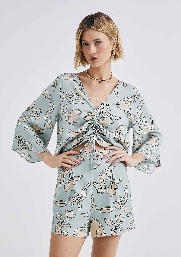 Blusa Feminina Estampada Com Franzidos Em Viscolinho Verde - Hering