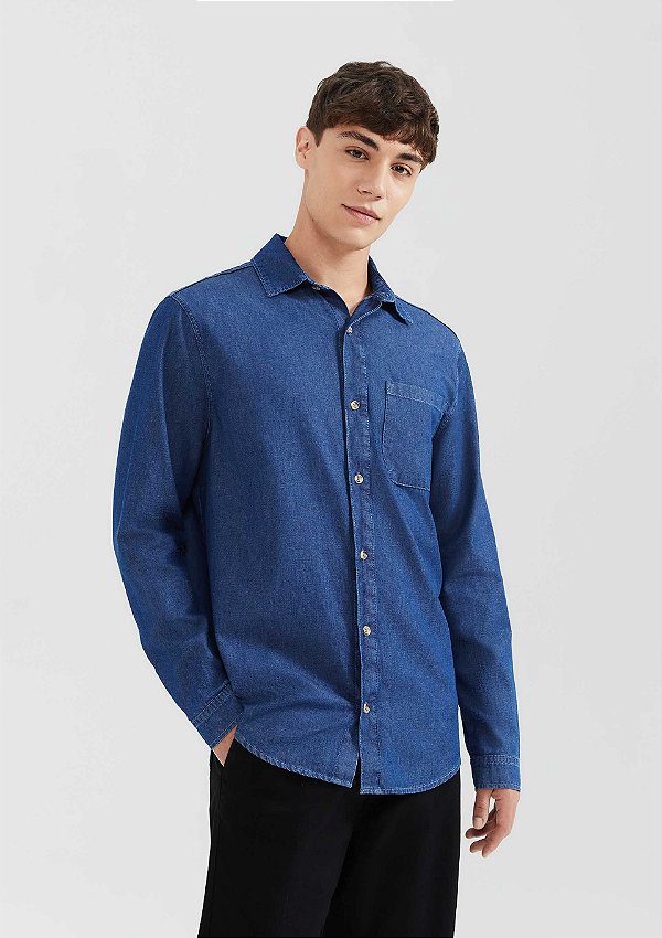 Camisa Jeans Hering Masculina Manga Longa Azul Escuro