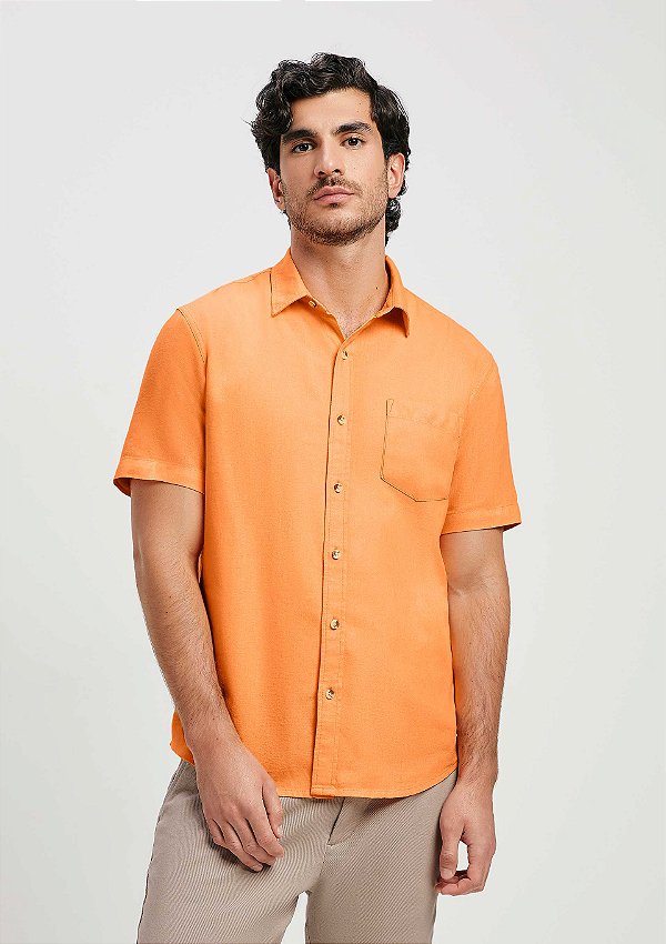 Camisa Básica Herign Masculina Em Linho Laranja
