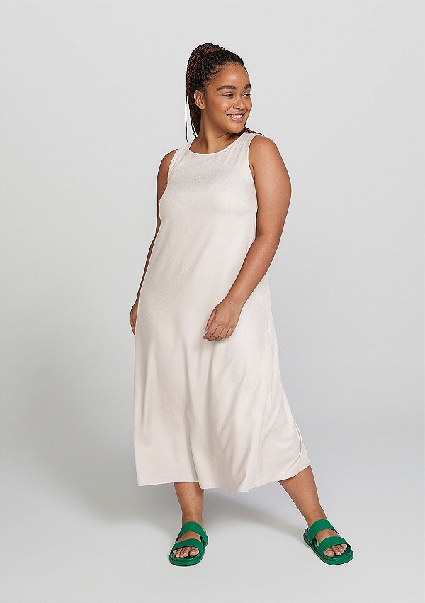 Vestido Hering Básico Midi Viscose Creponada Off White