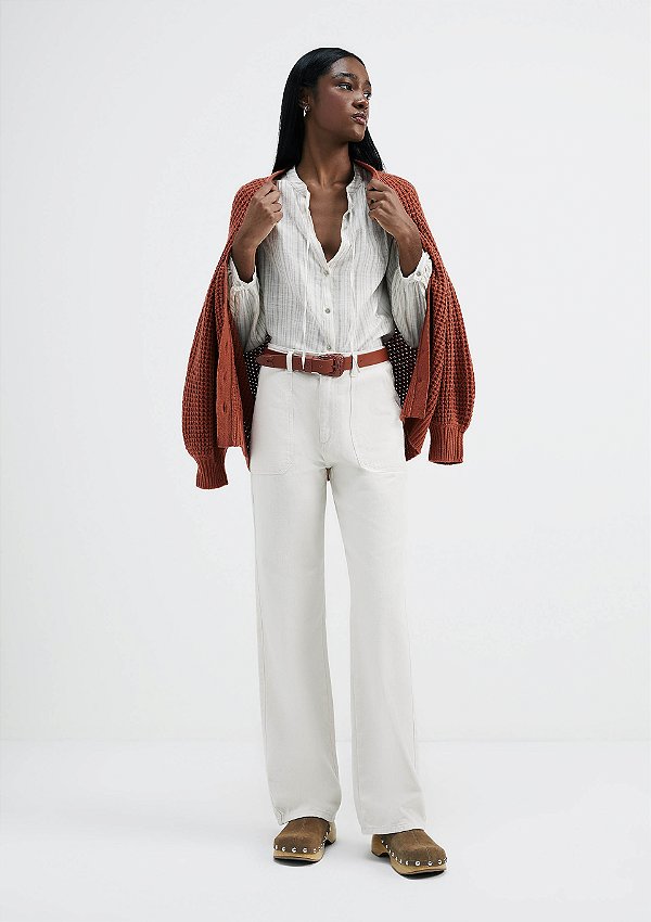 Calça Feminina Hering Wide Leg Cintura Alta Em Sarja Estonada Off White