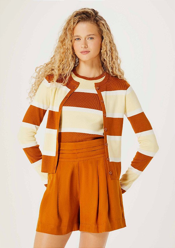 Cardigan Hering Feminino Em Tricot Listrado Marrom