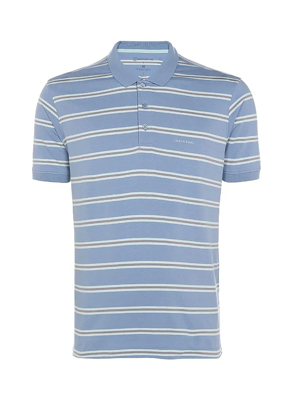 Polo Listras Masculina Azul Medio - Individual