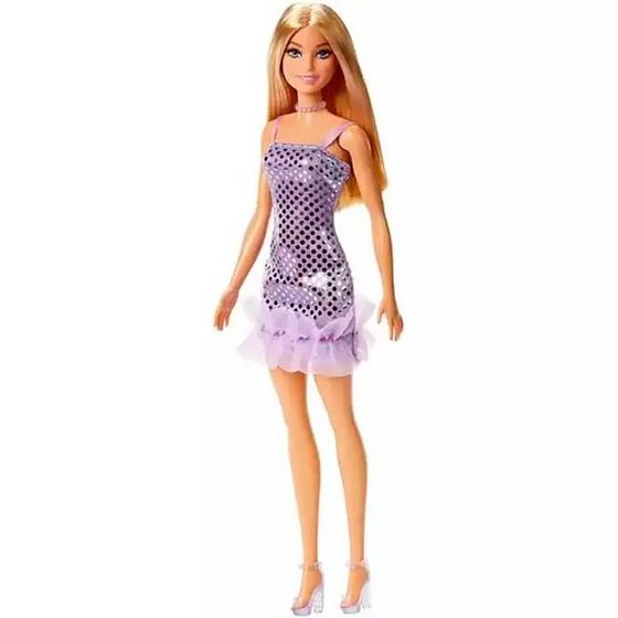 Boneca Barbie Fashion Loira Vestido Lilás com Bolinhas