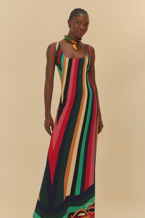 Vestido Listra Estampado Onda De Cor