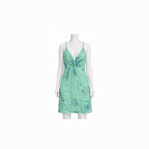 Vestido Mini Verde Água Tropical com Amarração no Pescoço (Decote V) - Animale