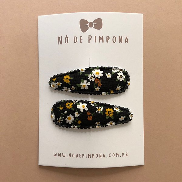 Conjunto de Presilha Tic Tac de Tecido - Preto Floral
