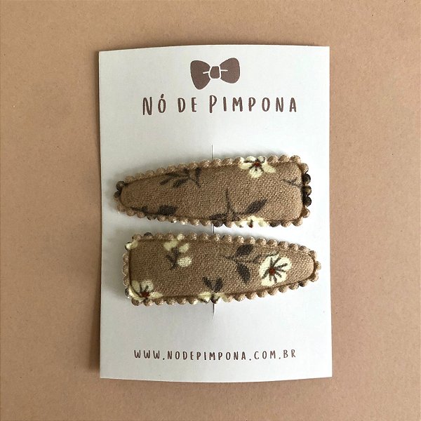 Conjunto de Presilha Tic Tac de Tecido- Floral Marrom