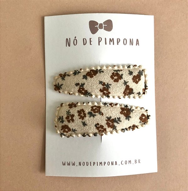 Conjunto de Presilha Tic Tac de Tecido - Florzinhas Marrom