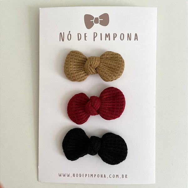 Kit Laço de Tecido Algodão- Nude, Vermelho e Preto.