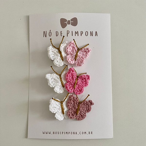Kit Clips de Borboleta de Crochê - Rosé, Rosa Bebê e Rosa Pink