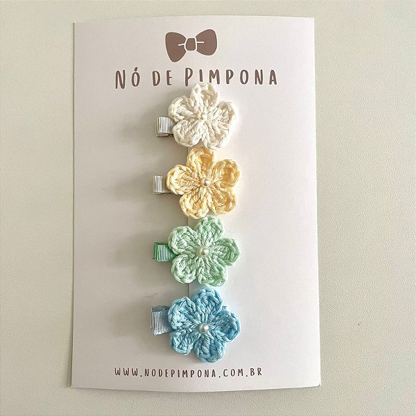Kit Clips de Flor de Crochê - Branco, Amarelo, Verde e Azul