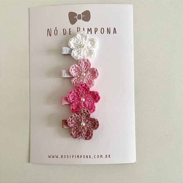 Kit Clips de Flor de Crochê - Branco, Rosa, Pink e Rose