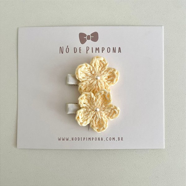 Dupla Clips de Flor de Crochê - Amarelo Bebê
