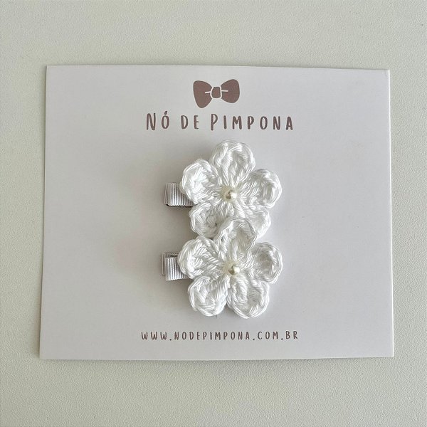 Dupla Clips de Flor de Crochê - Branco