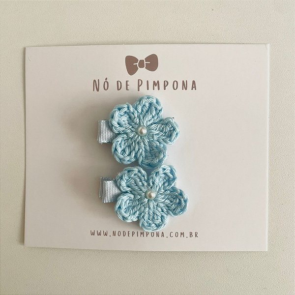 Dupla Clips de Flor de Crochê - Azul  Bebê