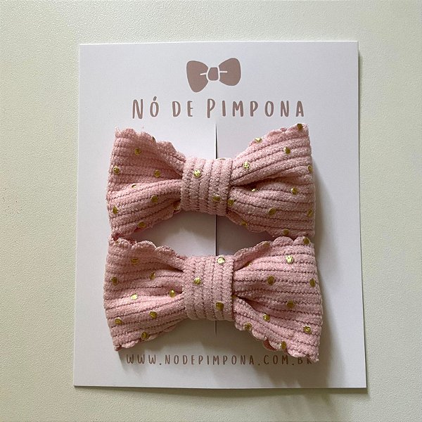 Dupla de Laços de Tecido Algodão- Rosa e Dourado