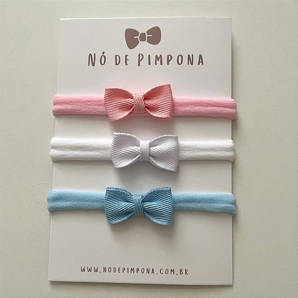 kIT Faixa Laço Mini Para Bebê Jeans - Azul, Rosa e Branco