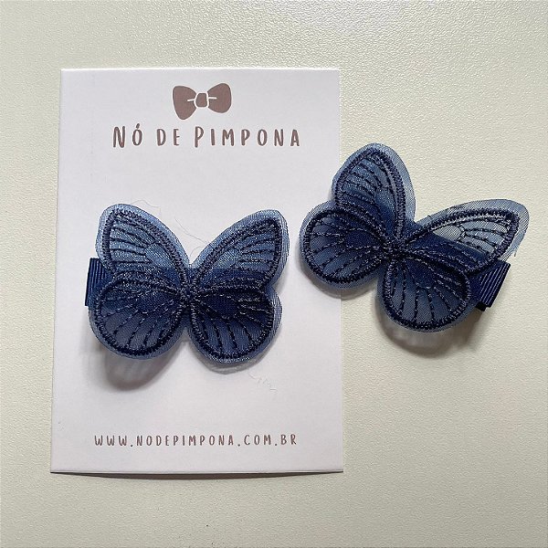Dupla de Clipes Borboleta Bordada em Organza - AZUL