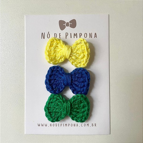 Kit Clips de Laço de Crochê - Verde - Amarelo e Azul- Vai Brasil