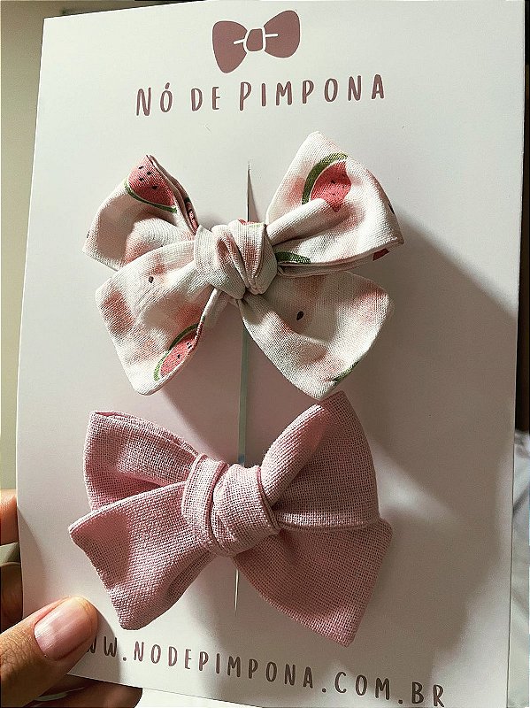 Kit de Laços de Linho Rosa e 100% Algodão Melância - (P ou M)