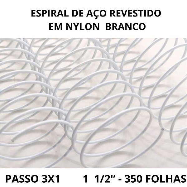 KIT C/03 - Espiral de Aço p/ Encadernação Revestido em Nylon 1 1/2'' (350 fls) Passo 3x1 - BRANCO