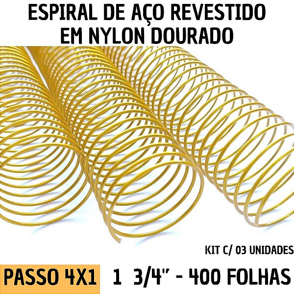 KIT C/03 - Espiral de Aço p/ Encadernação Revestido em Nylon 1 3/4'' (400 fls) Passo 4X1 - DOURADO