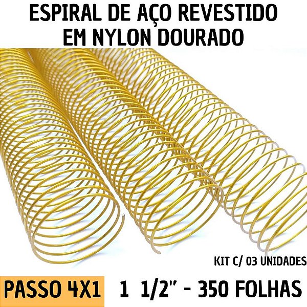 KIT C/03 - Espiral de Aço p/ Encadernação Revestido em Nylon 1 1/2'' (350 fls) Passo 4X1 - DOURADO