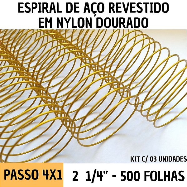 KIT C/03 - Espiral de Aço p/ Encadernação Revestido em Nylon 2 1/4'' (500 fls) Passo 4X1 - DOURADO