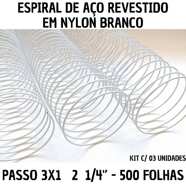 KIT C/03 - Espiral p/ Encadernação Aço Revestido em Nylon 2  1/4'' (500 folhas) Passo 3X1 - BRANCO