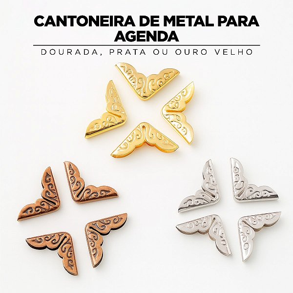 Cantoneira Metal para Agenda / Encadernação 14x14mm (DOURADA, PRATA OU OURO VELHO)