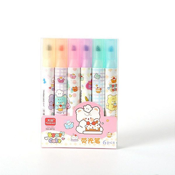 Kit de Marcadores de Texto c/ 6 unidades Kawaii no Estojo Qesefun