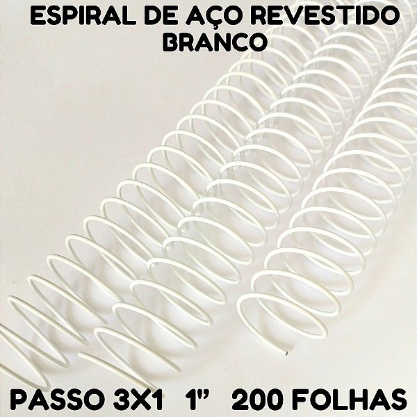 KIT C/ 03 - Espiral de Aço para Encadernação Revestido em Nylon 1/1'' (200 fls) Passo 3x1 - BRANCO