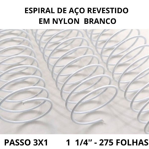 KIT C/03 - Espiral de Aço p/ Encadernação Revestido em Nylon 1 1/4'' (275 fls) Passo 3x1 - BRANCO