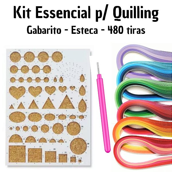 Kit Essencial para Quilling - Gabarito para formas, Esteca Manual e 480 tiras de Papéis Degradê