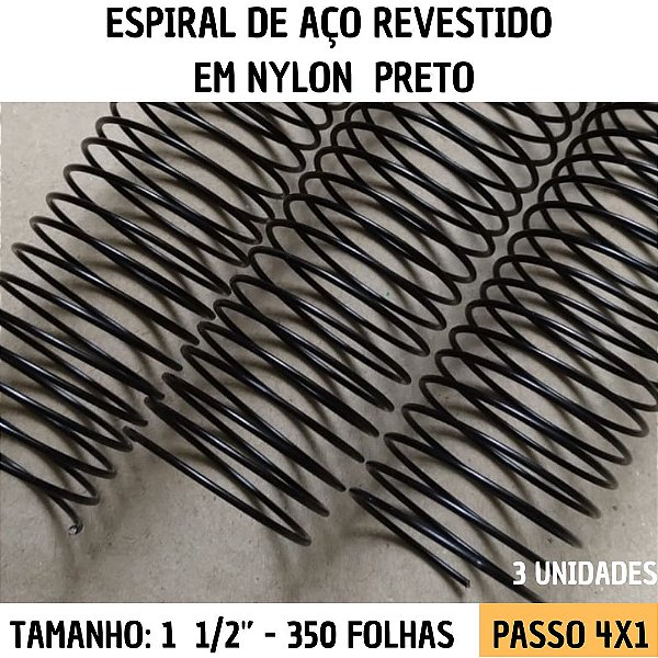 KIT C/03 - Espiral de Aço p/ Encadernação Revestido em Nylon 1 1/2'' (350 fls) Passo 4X1 - PRETO