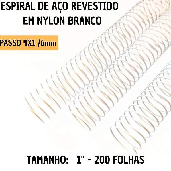 KIT C/03 - Espiral de Aço p/ Encadernação Revestido em Nylon 1'' (200 fls) Passo 4X1 - BRANCO