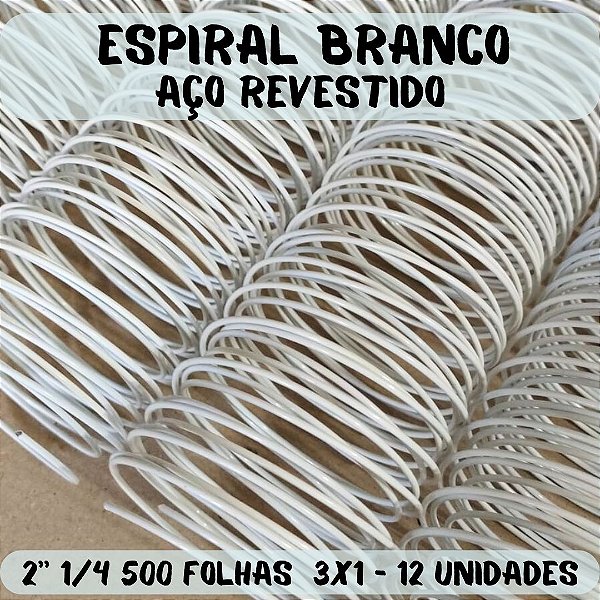 Espiral de Aço p/ Encadernação Revestido em Nylon Branco 2'' 1/4 (500 fls) Passo 3X1 - 12 unidades