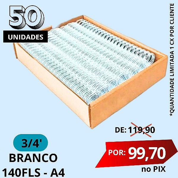 CAIXA WIRE-O A4  3/4 BRANCO - 140 folhas (passo 2x1) - 50 UNIDADES