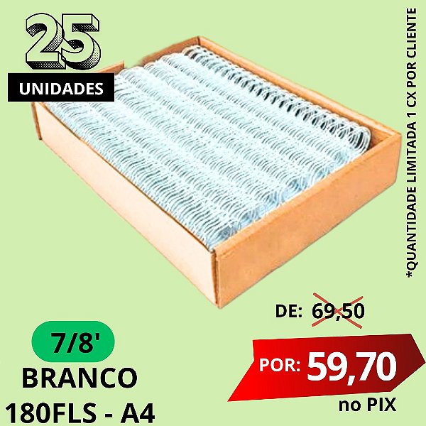 CAIXA WIRE-O A4  7/8 BRANCO - 180 folhas (passo 2x1) - 25 UNIDADES
