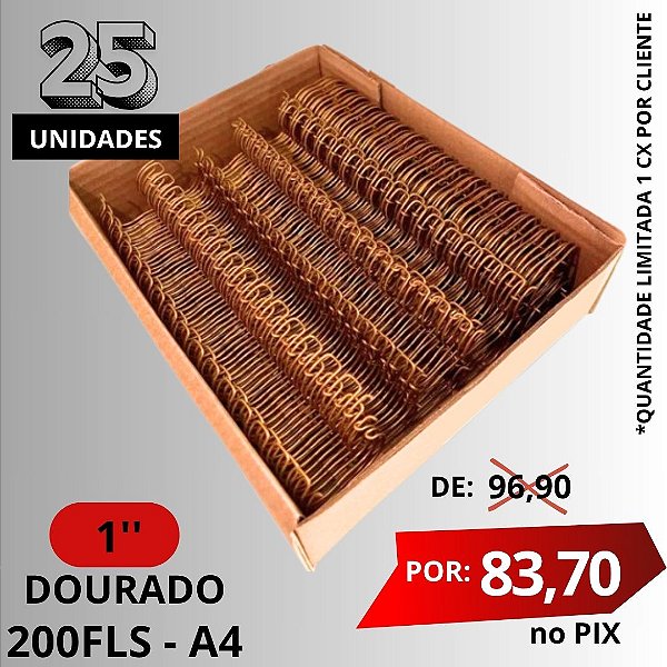 CAIXA WIRE-O A4  1'' DOURADO - 200 folhas (passo 2x1) - 25 UNIDADES