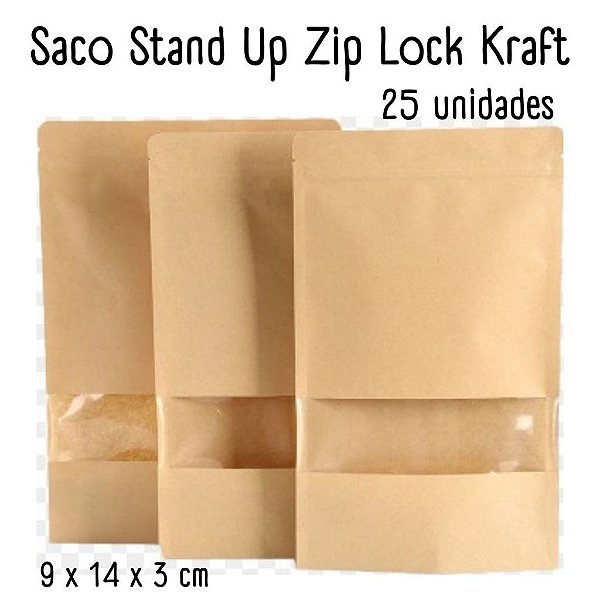 Saco Stand Up Zip Lock Kraft - Saco Kraft c/ Fecho e Visor Plástico Transparente 14x9cm - 25 unidades