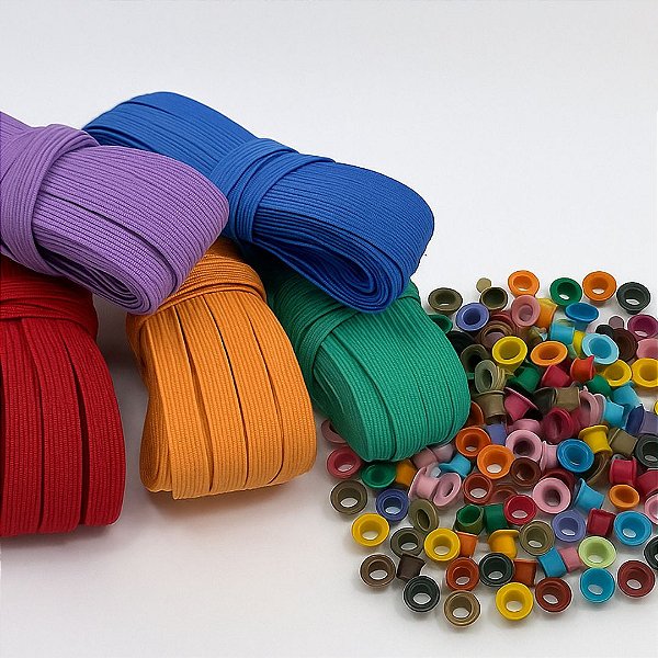 2 METROS ELÁSTICO CHATO + 100 ILHOSES - CORES COMBINADAS