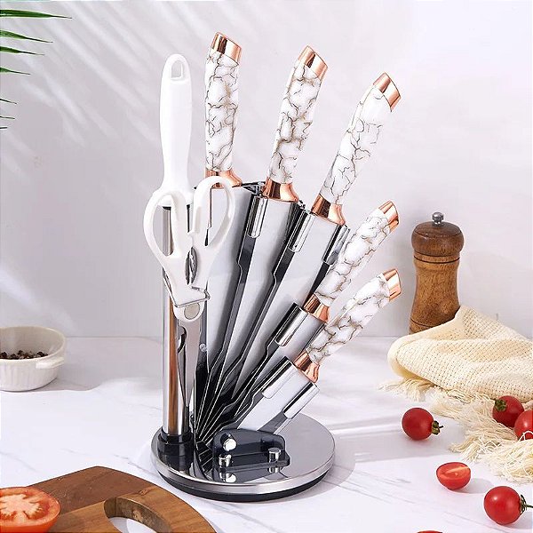 Conjunto de facas com suporte cabo decorativo branco