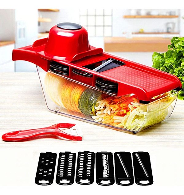 Cortador de legumes e frutas multifuncional com recipiente